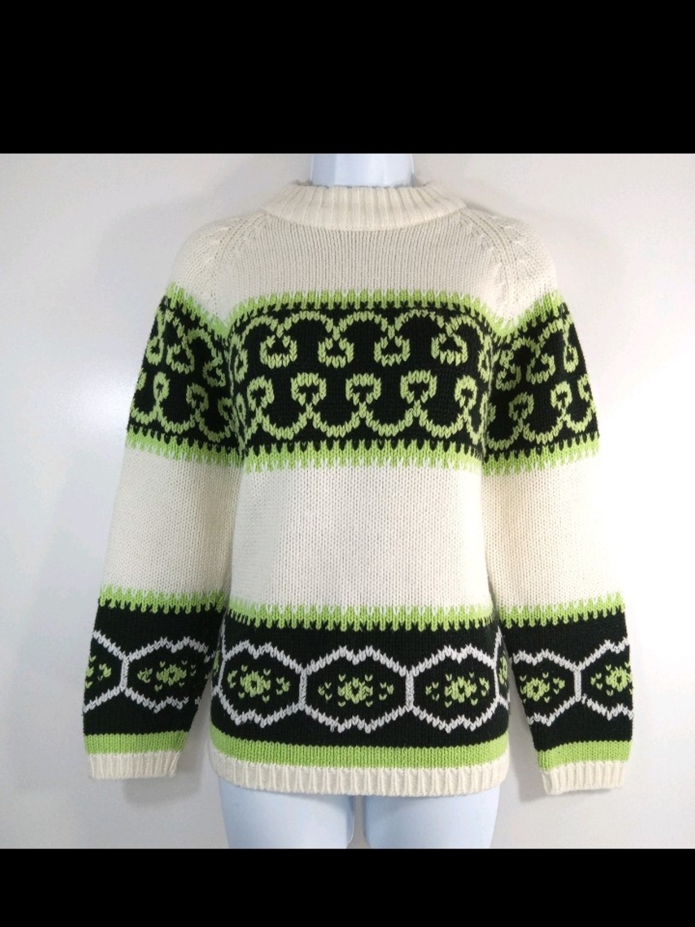 Vtg Kimlon Sweater Cream Color Crewneck with Black and Lime Green Nordic Pattern